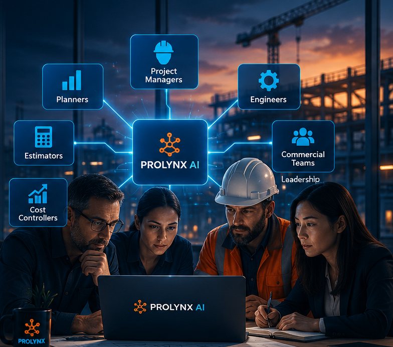 Project professionals using Prolynx AI together around the Workbench